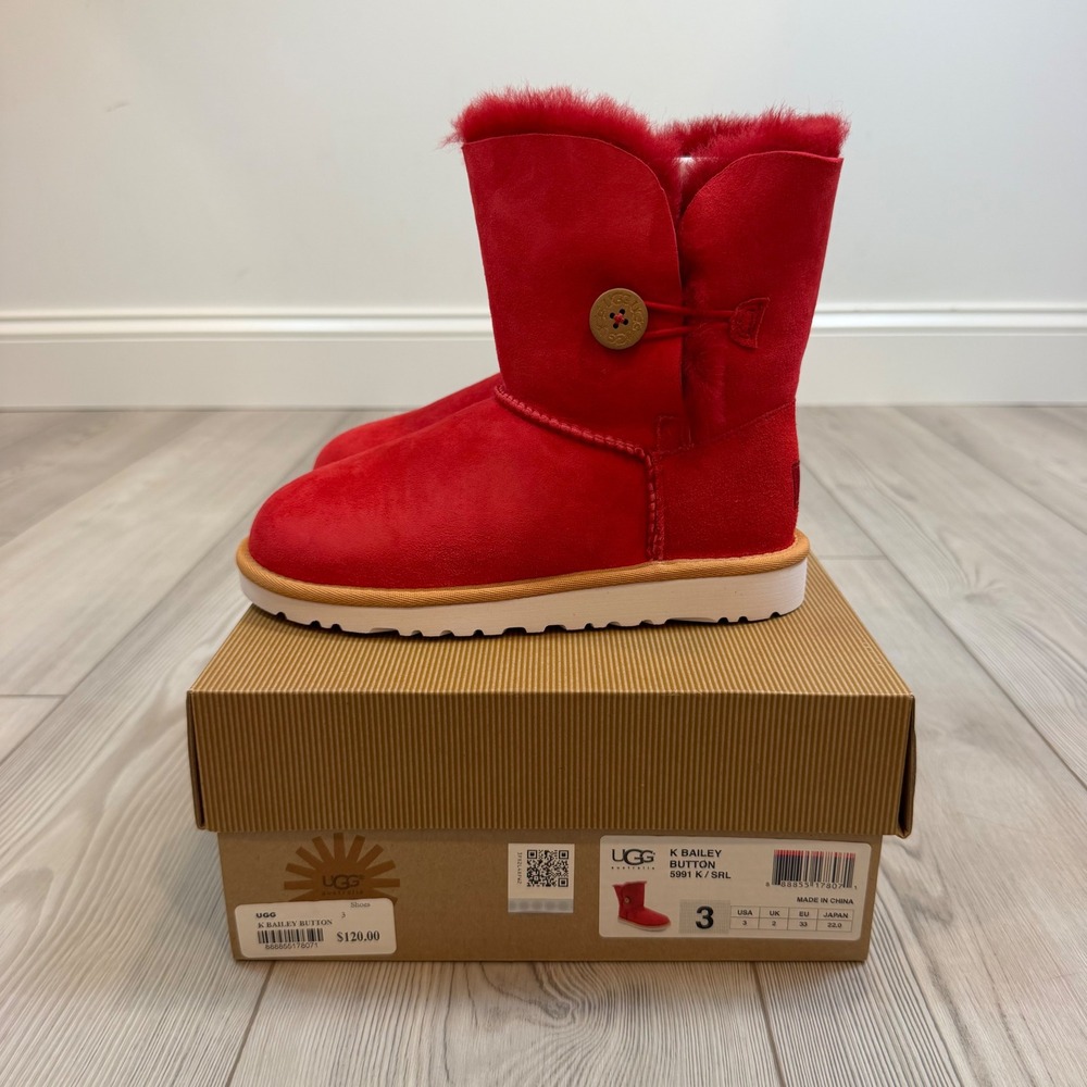 UGG Kids Bailey Button Pink Red Suede Boots 5991 K SRL Size 3 NEW